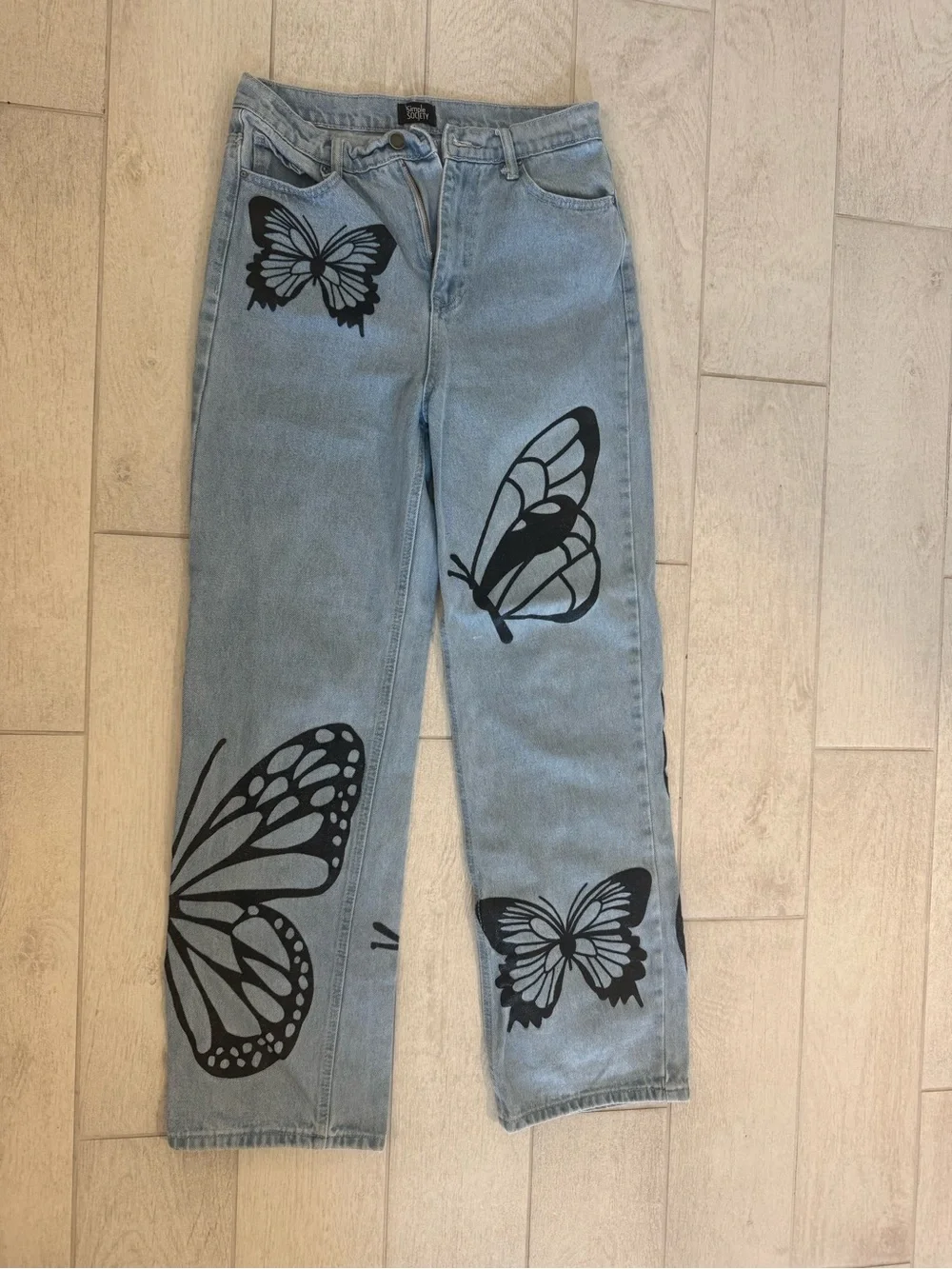 Butterfly Print Light Wash Wide Leg Jeans - Unbranded
